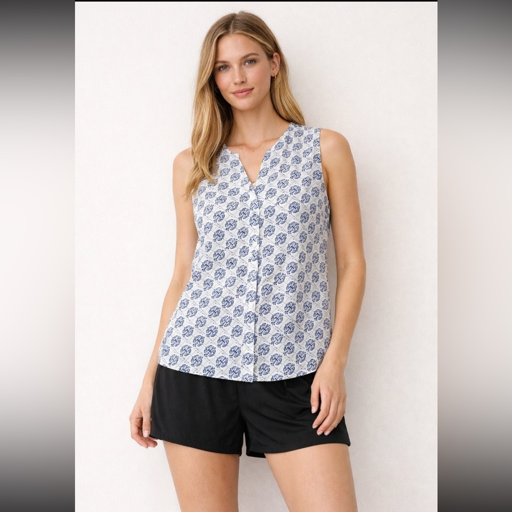 Jones & Co Linen Blend Sleeveless Button Blouse Blue White - Size L
